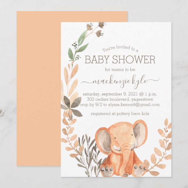 Watercolor Elephant Boho Safari Baby Shower (Fram/baksida)