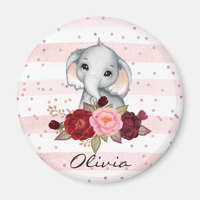 Watercolor Elephant Cute Rosa Flicka Magnet (Framsidan)