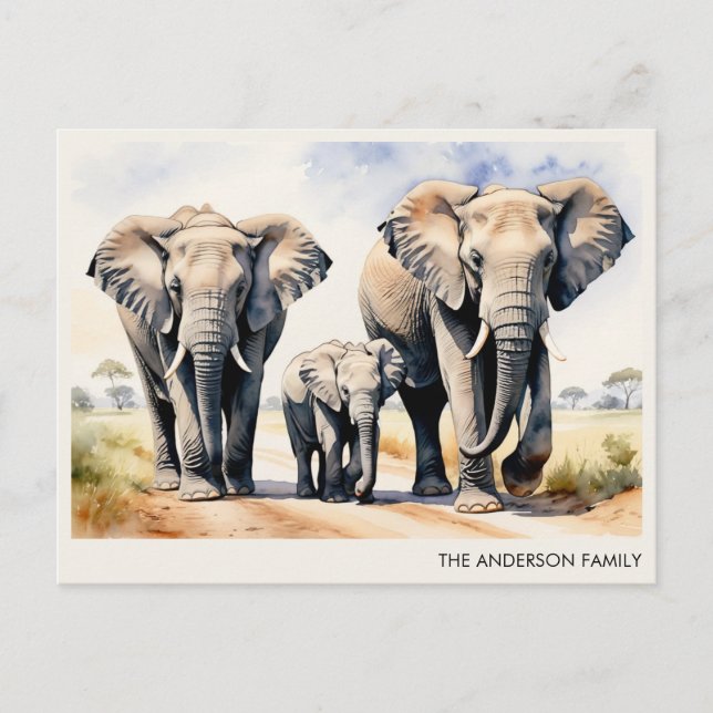 Watercolor Elephant Family Personalized Name Vykort (Framsida)