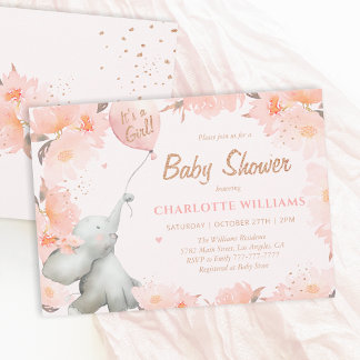 Watercolor Elephant Floral Gold Girl Baby Shower Inbjudningar