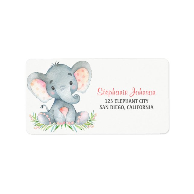 Watercolor Elephant Girl Adressetikett (Framsidan)