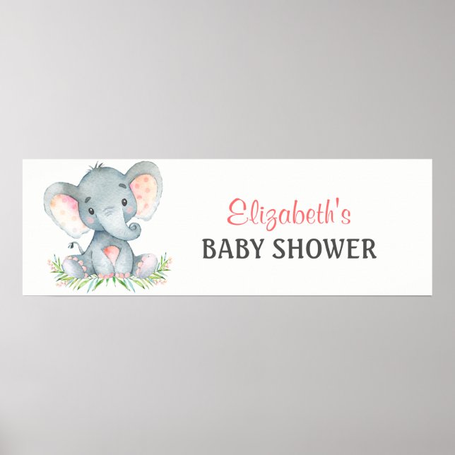 Watercolor Elephant Girl Baby Shower Banner Poster (Framsidan)