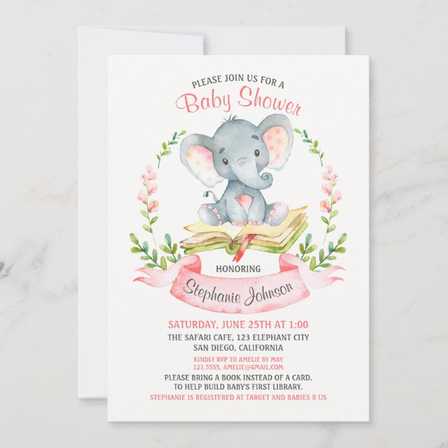 Watercolor Elephant Girl Baby Shower Bok Inbjudningar (Framsida)