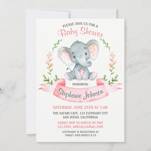 Watercolor Elephant Girl Baby Shower Inbjudningar (Framsida)