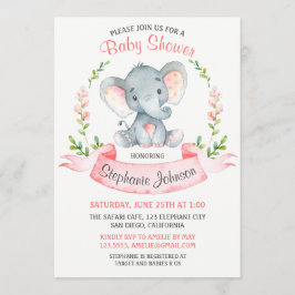 Watercolor Elephant Girl Baby Shower Inbjudningar