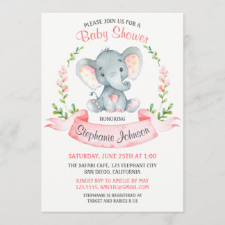 Watercolor Elephant Girl Baby Shower Inbjudningar