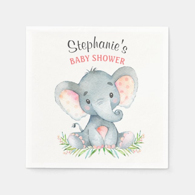 Watercolor Elephant Girl Baby Shower Pappersservett (Framsidan)