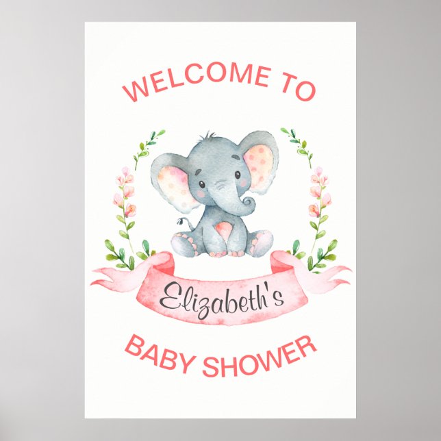 Watercolor Elephant Girl Baby Shower Poster (Framsidan)