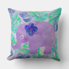 Watercolor Elephant Jungle Monstera Löv Monogram Kudde