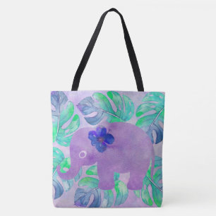 Watercolor Elephant Jungle Monstera Löv Monogram Tygkasse