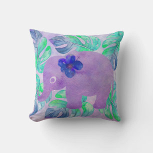 Watercolor Elephant Jungle Monstera Löv Primitive Kudde