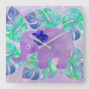 Watercolor Elephant Jungle Tropical Monstera Löv Fyrkantig Klocka