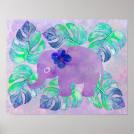 Watercolor Elephant Jungle Tropical Monstera Löv Poster