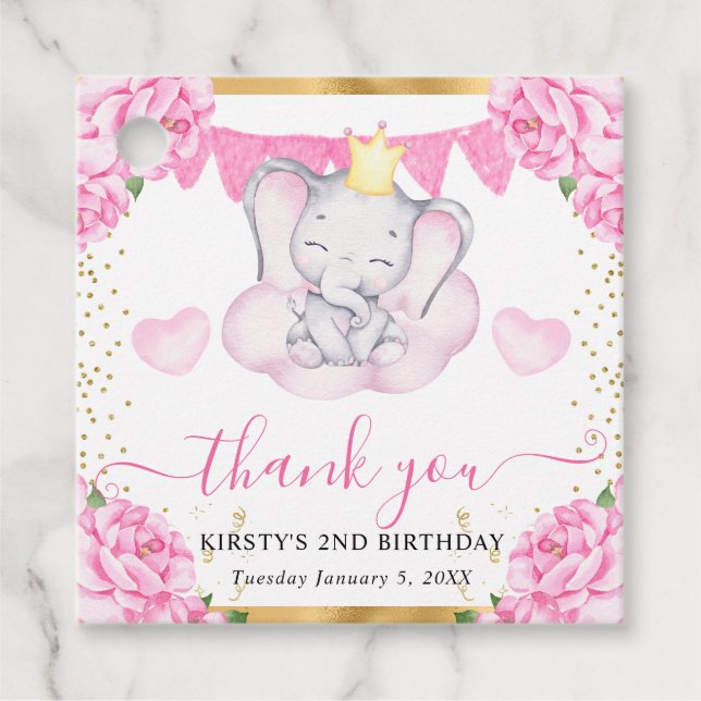 Watercolor Elephant och Rosa ros Birthday Gåvor Etiketter (Framsida)