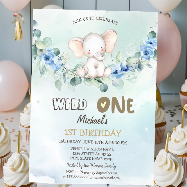 Watercolor Elephant Ro Löv 1:a Inbjudningar (Skapare uppladdad)