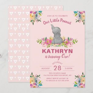 Watercolor Elephant Rosa Blommigt Girl 1 Birthday Inbjudningar