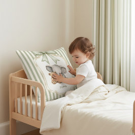 Watercolor Elephant Teddy Bear Hug Green Stripe  Kudde