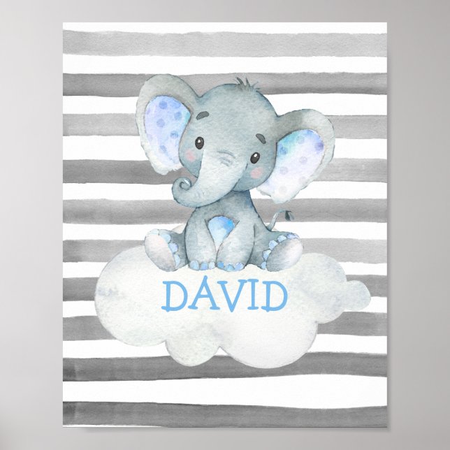 Watercolor Elephant ZOO Jungle Cute Baby Namn Poster (Framsidan)