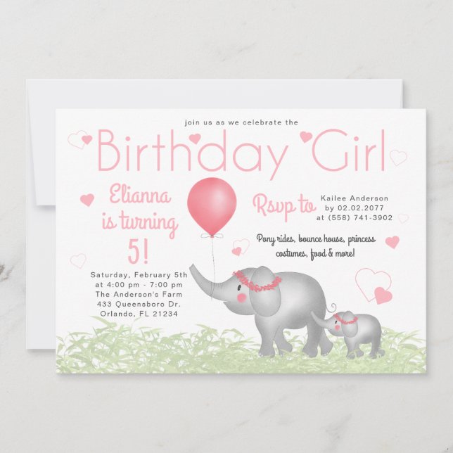 Watercolor Elephants & Rosa Hearts Birthday Girl Inbjudningar (Framsida)