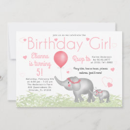 Watercolor Elephants & Rosa Hearts Birthday Girl Inbjudningar