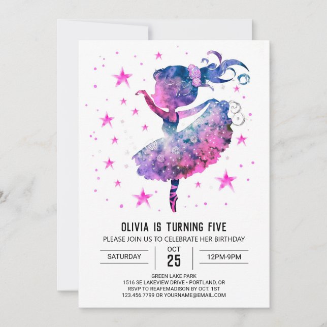 Watercolor Enchanted Ballerina Birthday Inbjudningar (Framsida)