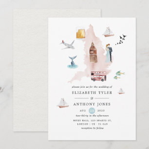 Watercolor England UK London Destination Wedding Inbjudningar