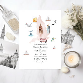 Watercolor England UK London Destination Wedding Inbjudningar
