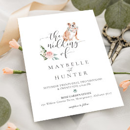 Watercolor English Bulldog Pet & Blommigt Rosa ros Inbjudningar