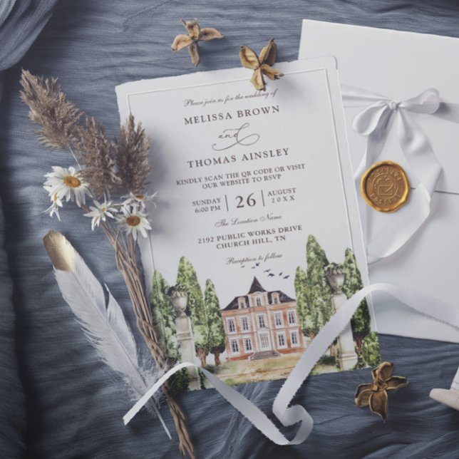 Watercolor English House Budget QR Code Wedding Inbjudningar (Skapare uppladdad)