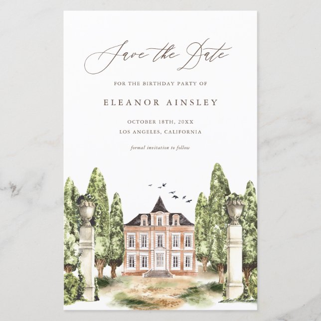 Watercolor English Manor Birthday Save Date (Framsida)