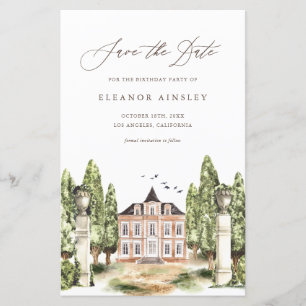 Watercolor English Manor Birthday Save Date