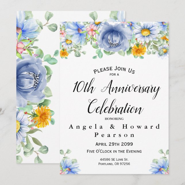 Watercolor Eucalyptus Blommig 10-årsjubileum  Inbjudningar (Fram/baksida)