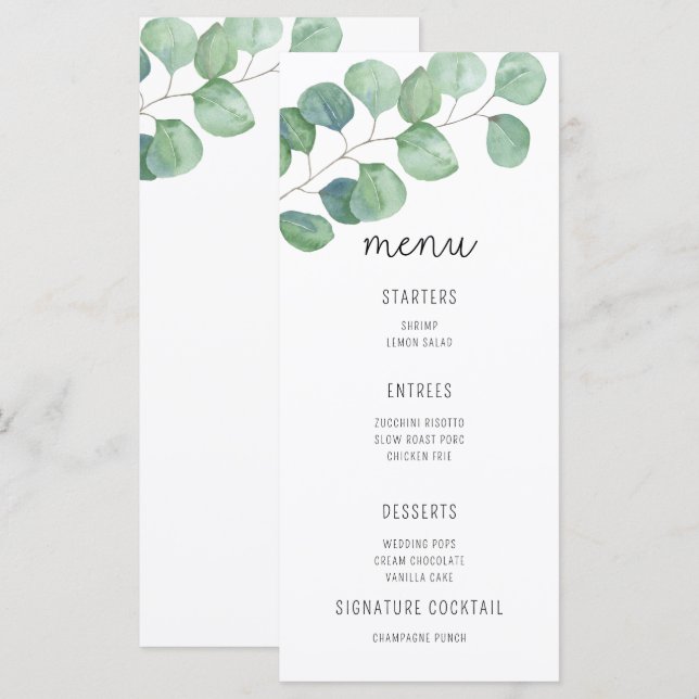 Watercolor Eucalyptus - Bröllop Menu Meny (Fram/baksida)