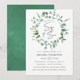 Watercolor Eucalyptus Greenery Baby Sip och se Inbjudningar