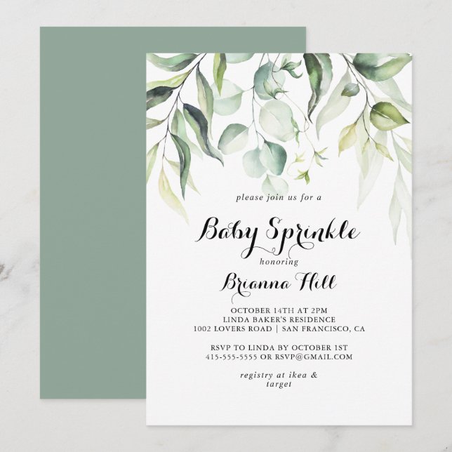 Watercolor Eucalyptus Greenery Baby Sprinkle Inbjudningar (Fram/baksida)