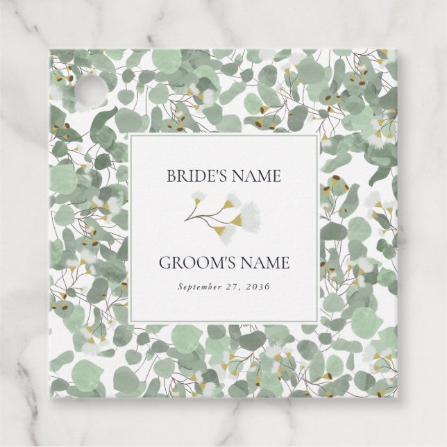 Watercolor Eucalyptus Greenery Blommar Bröllop Gåvor Etiketter (Framsida)