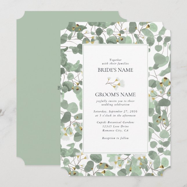 Watercolor Eucalyptus Greenery Blommar Bröllop Inbjudningar (Fram/baksida)