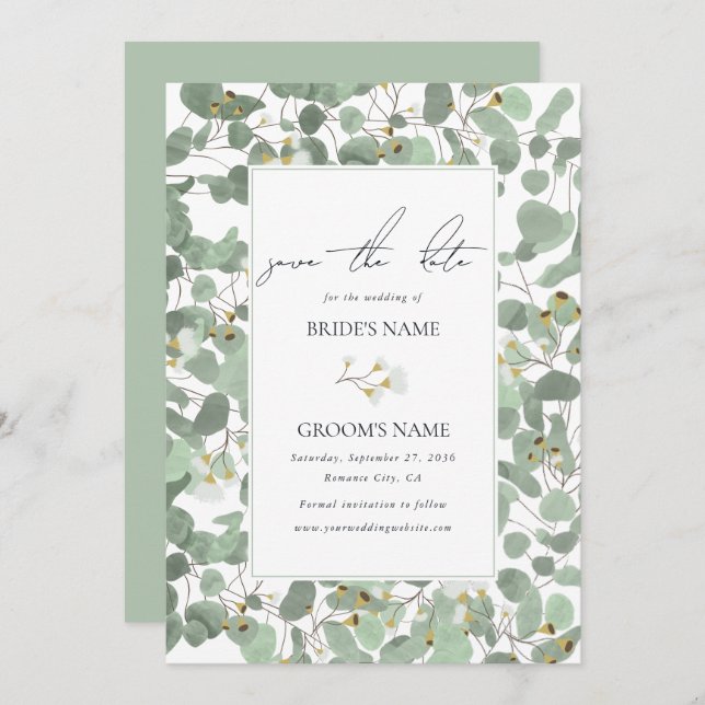 Watercolor Eucalyptus Greenery Blommar Bröllop Spara Datumet (Fram/baksida)