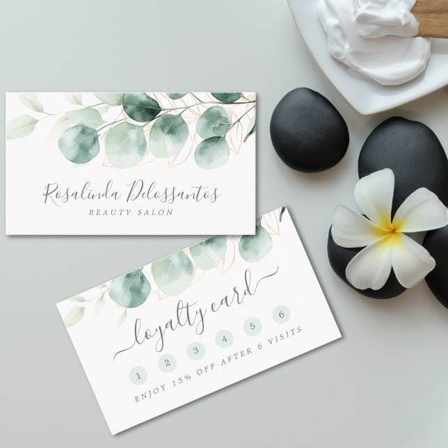 Watercolor Eucalyptus Greenery Blommigt Guld Lojalitetskort (Watercolor Eucalyptus Greenery Floral Gold Loyalty Card)