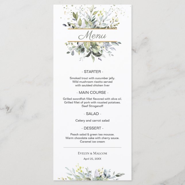 Watercolor Eucalyptus Greenery Bröllop Dinner Menu Meny (Framsida)