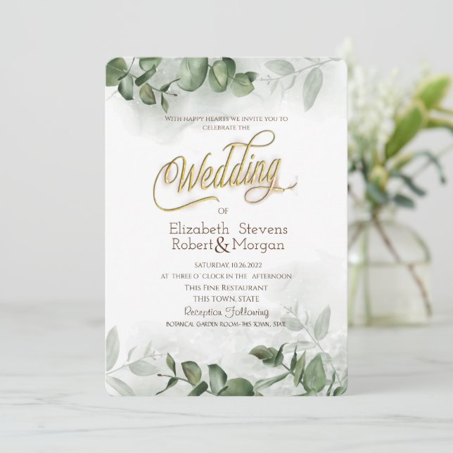 Watercolor Eucalyptus Greenery Bröllop Inbjudningar (Stående Fram)