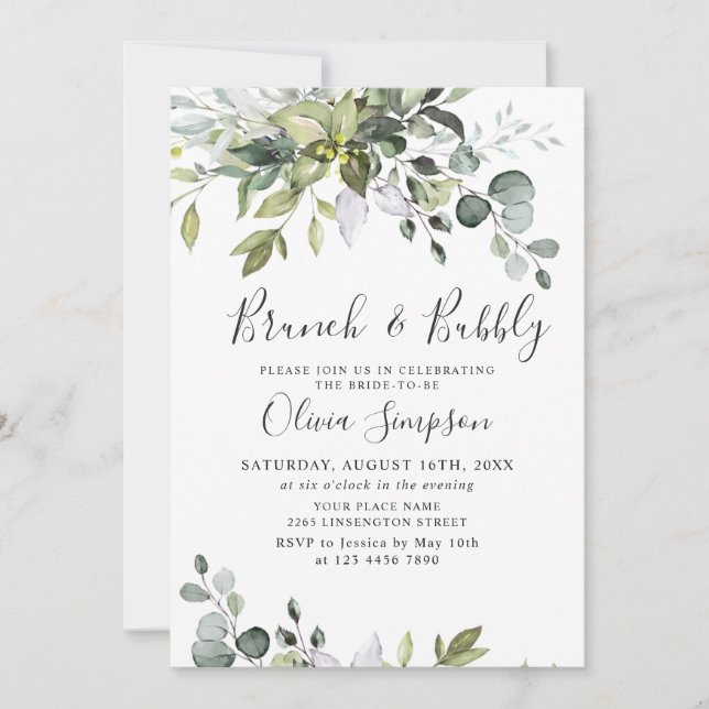 Watercolor Eucalyptus Greenery Brunch & Bubly Inbjudningar (Framsida)
