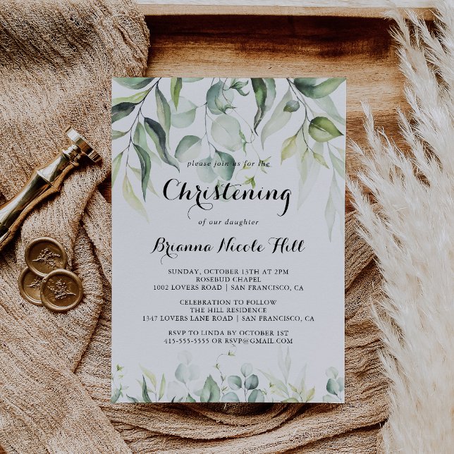 Watercolor Eucalyptus Greenery Christening Inbjudningar (Skapare uppladdad)