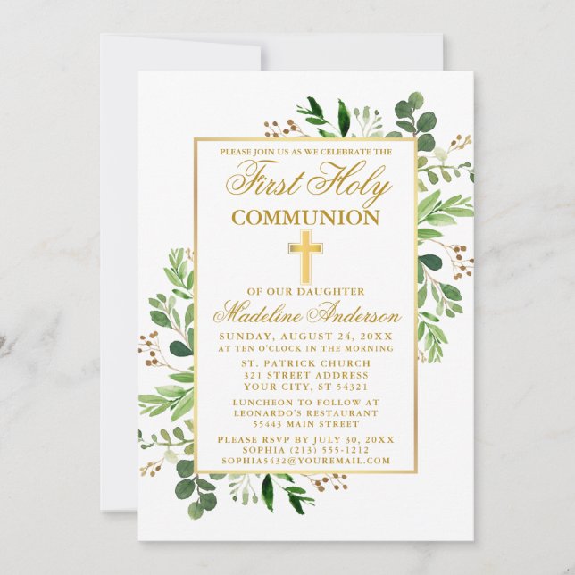 Watercolor Eucalyptus Greenery First Communion Inbjudningar (Framsida)