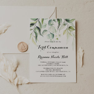 Watercolor Eucalyptus Greenery First Communion Inbjudningar