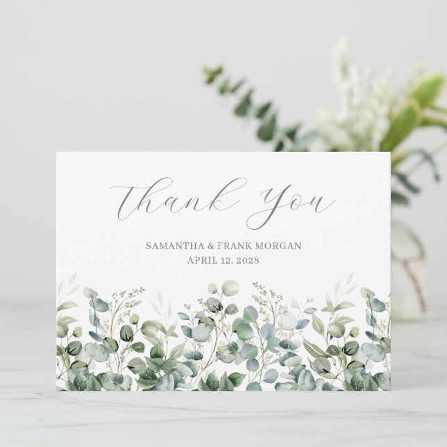 Watercolor Eucalyptus Greenery Gräns Bröllop Tack Kort (Stående Fram)