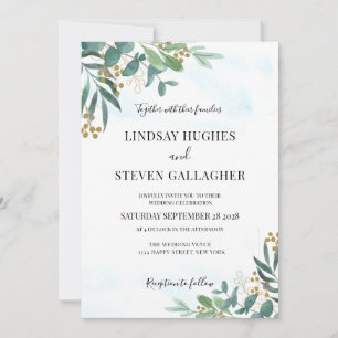 Watercolor Eucalyptus Greenery Guld Bröllop Inbjudningar