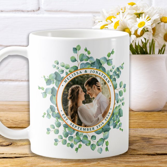 Watercolor Eucalyptus Greenery Guld Photo Bröllop Kaffemugg (Skapare uppladdad)