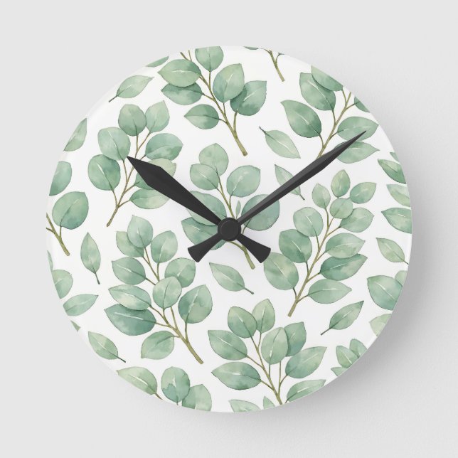 Watercolor Eucalyptus Greenery Pattern Rund Klocka (Framsida)