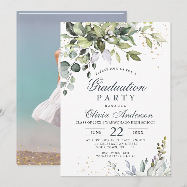 Watercolor Eucalyptus Greenery PHOTO Studenten Inbjudningar (Fram/baksida)